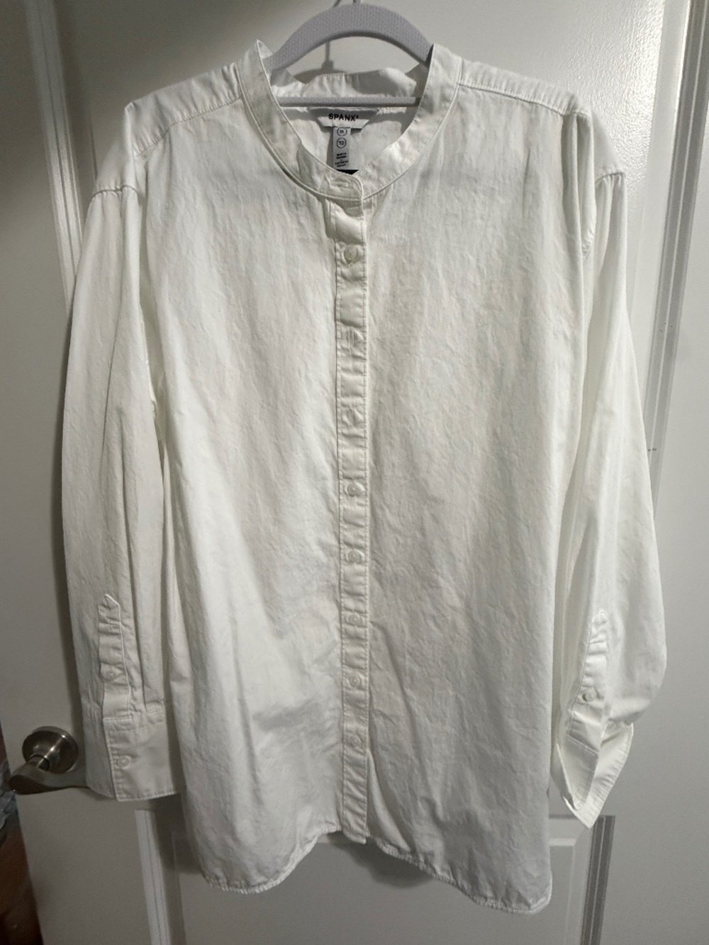 Spanx Poplin Tuxedo Shirt White XL Band Collar Oversized 100% Cotton